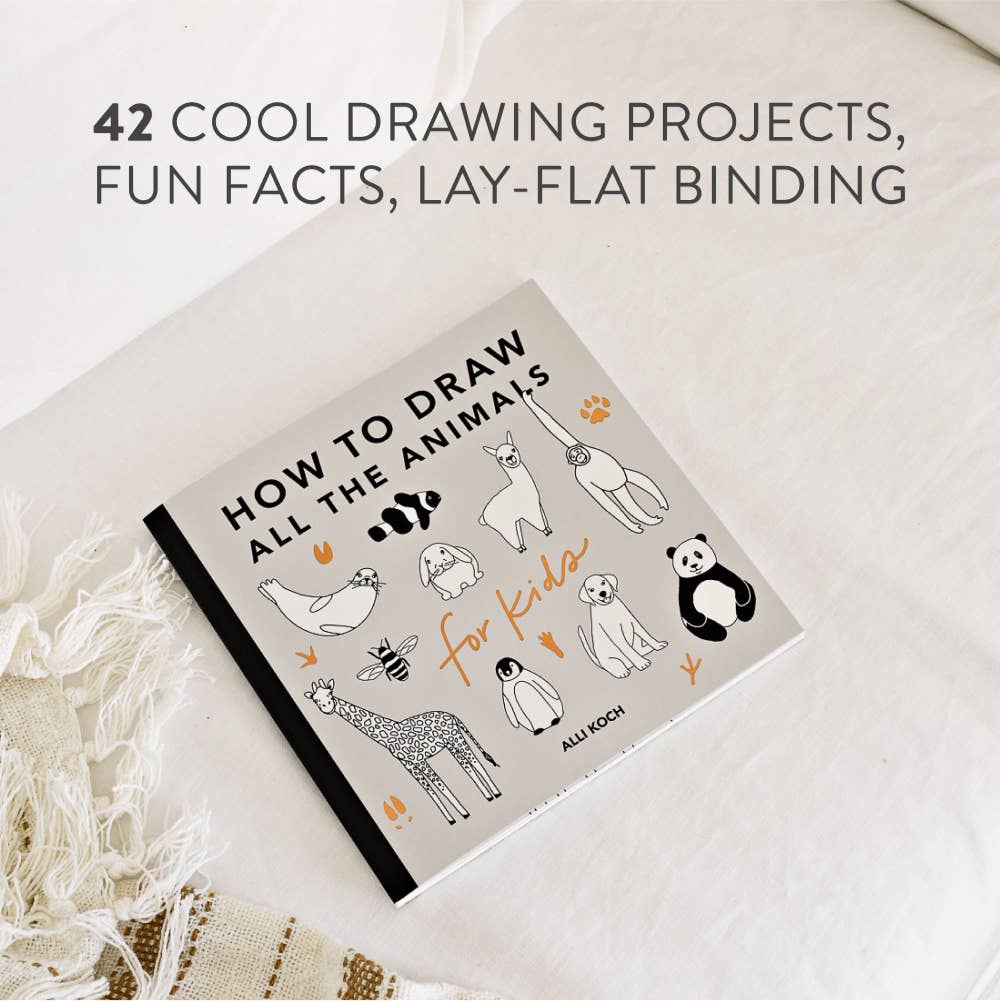 Book titled 'How to Draw All the Animals for Kids' with illustrations of animals on a white surface.