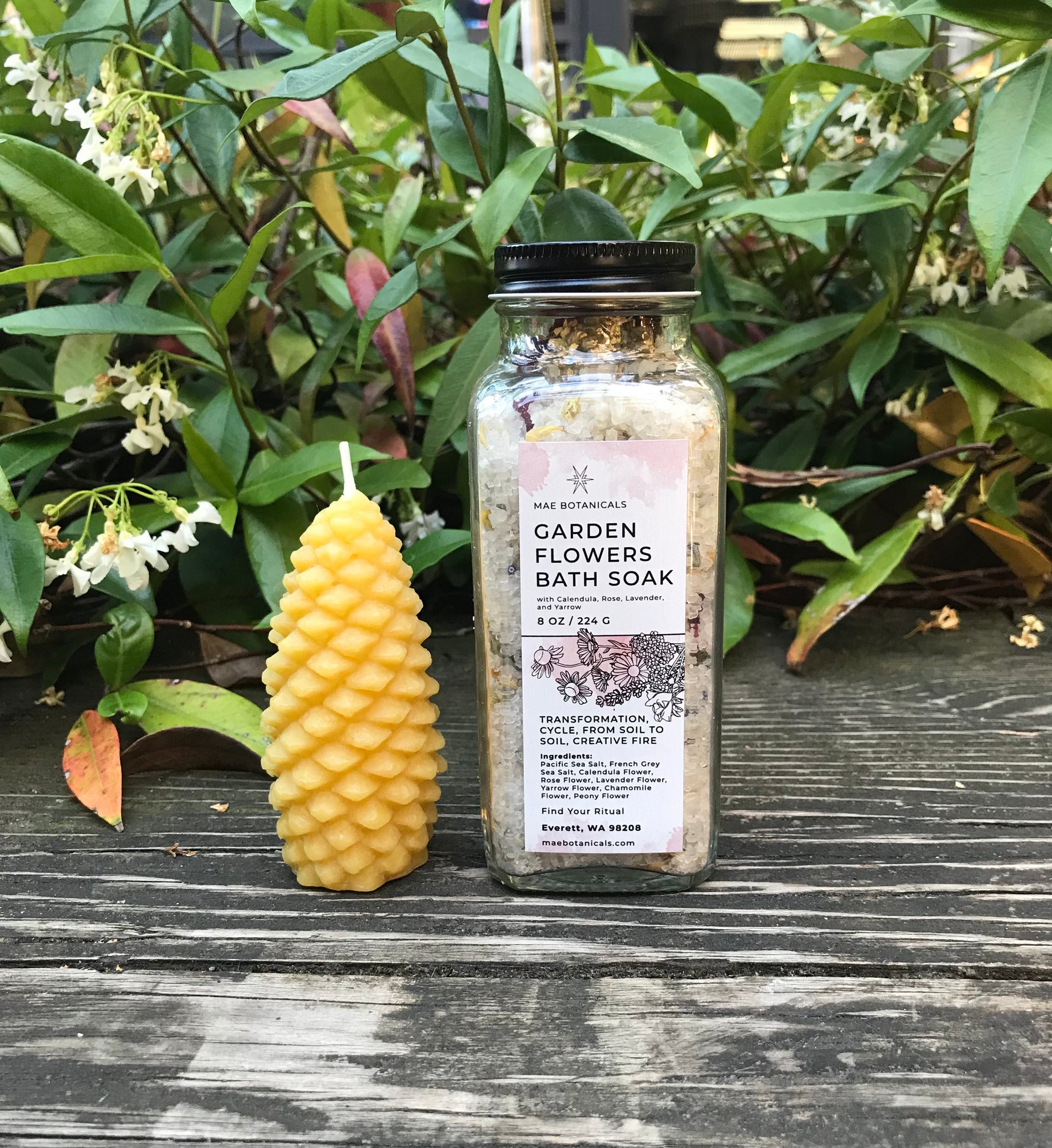 garden flowers bath soak with pinecone candle