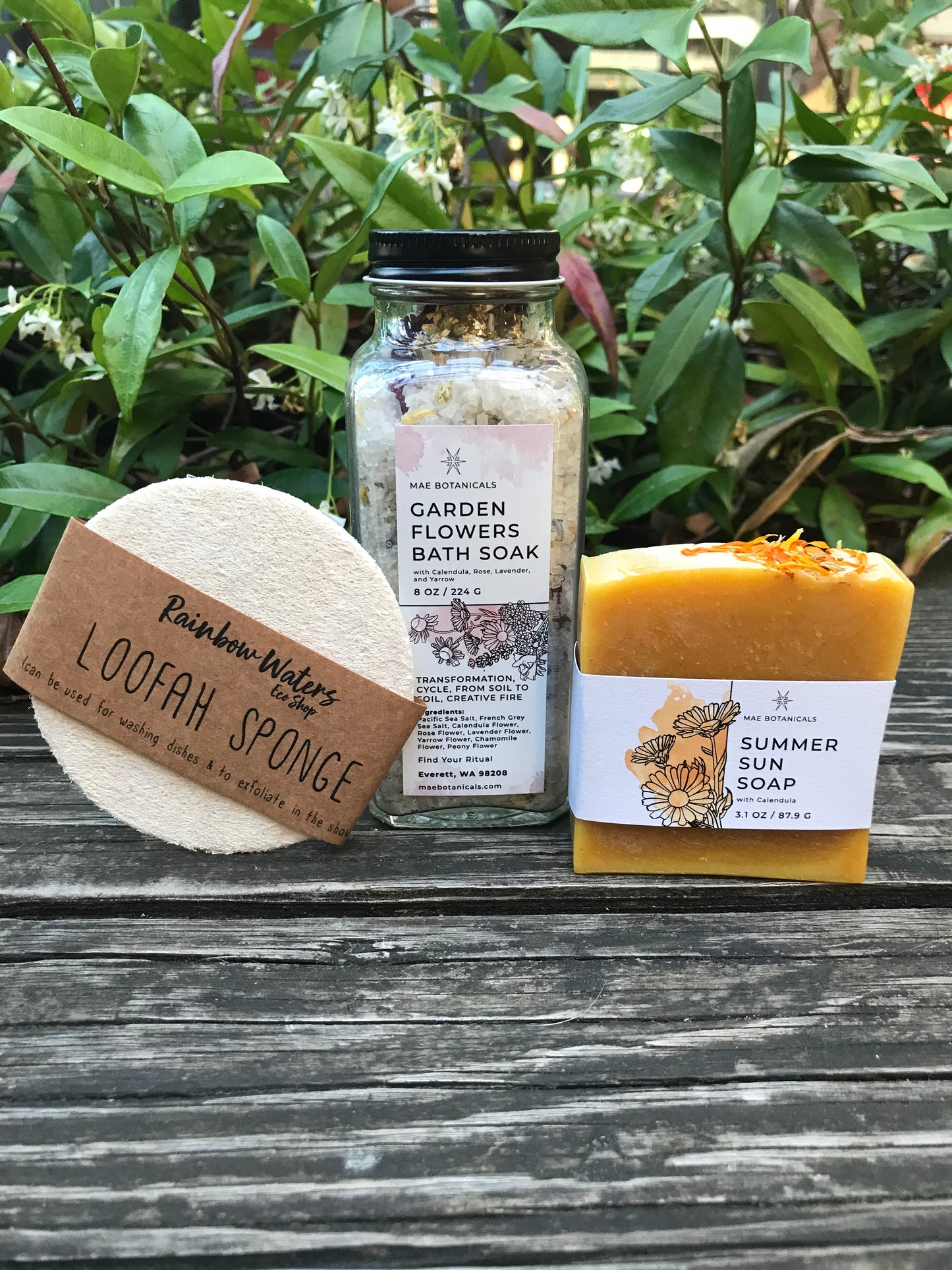 Garden flowers bath soak with loofah and soap