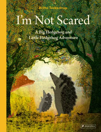 Book cover of 'I'm Not Scared' with hedgehogs in a forest setting