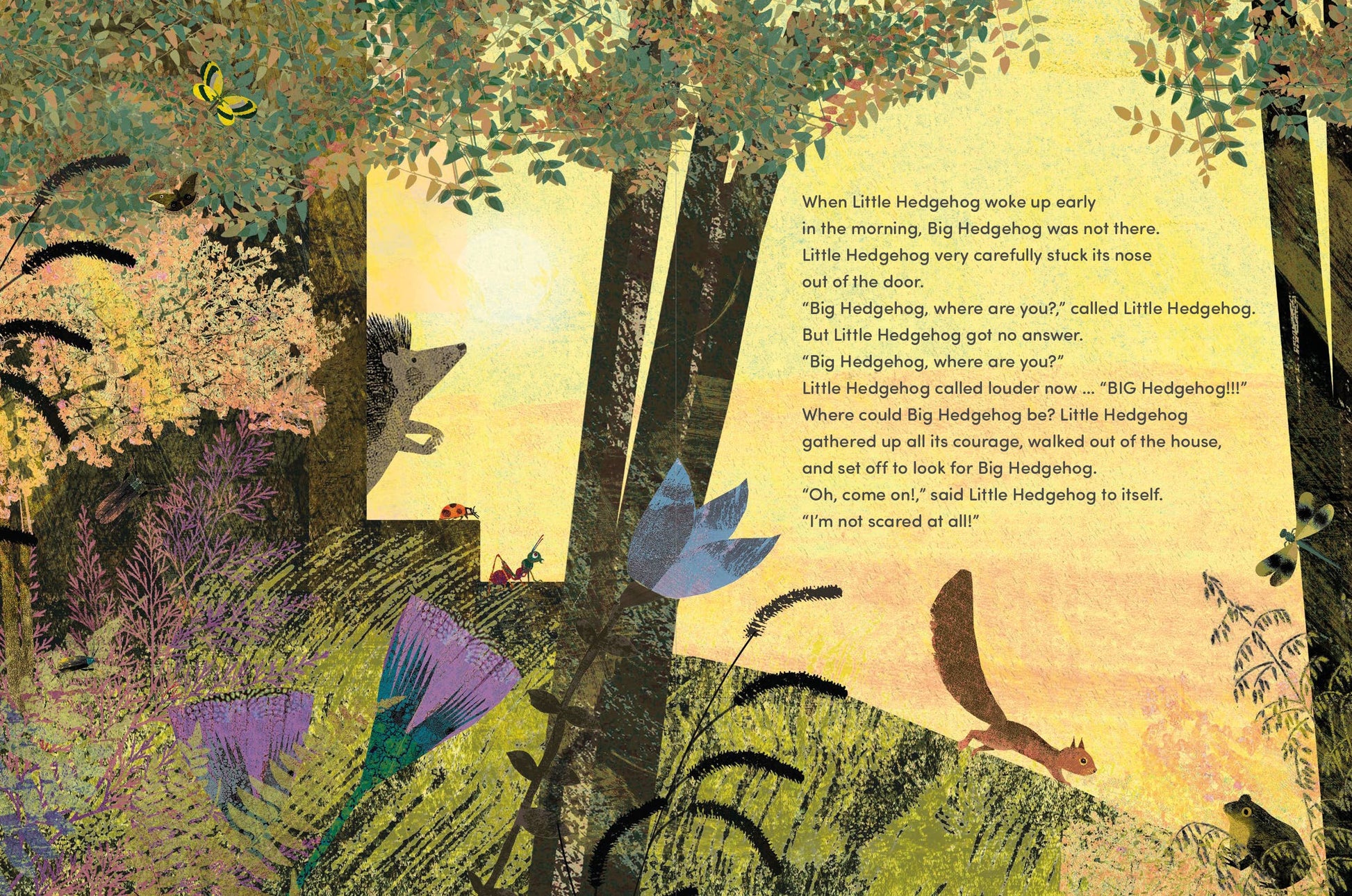 Illustrated children's book page with a forest scene and text.