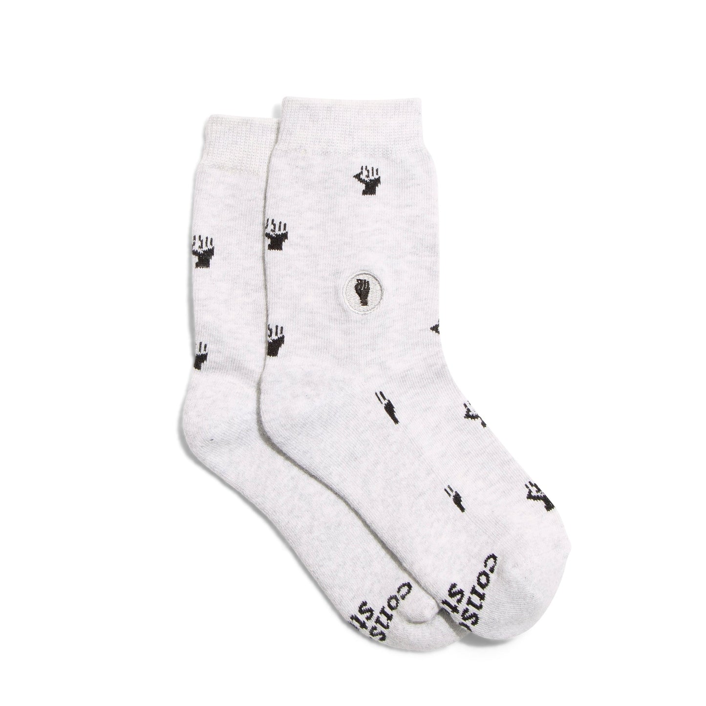 White socks with black designs and text on a white background