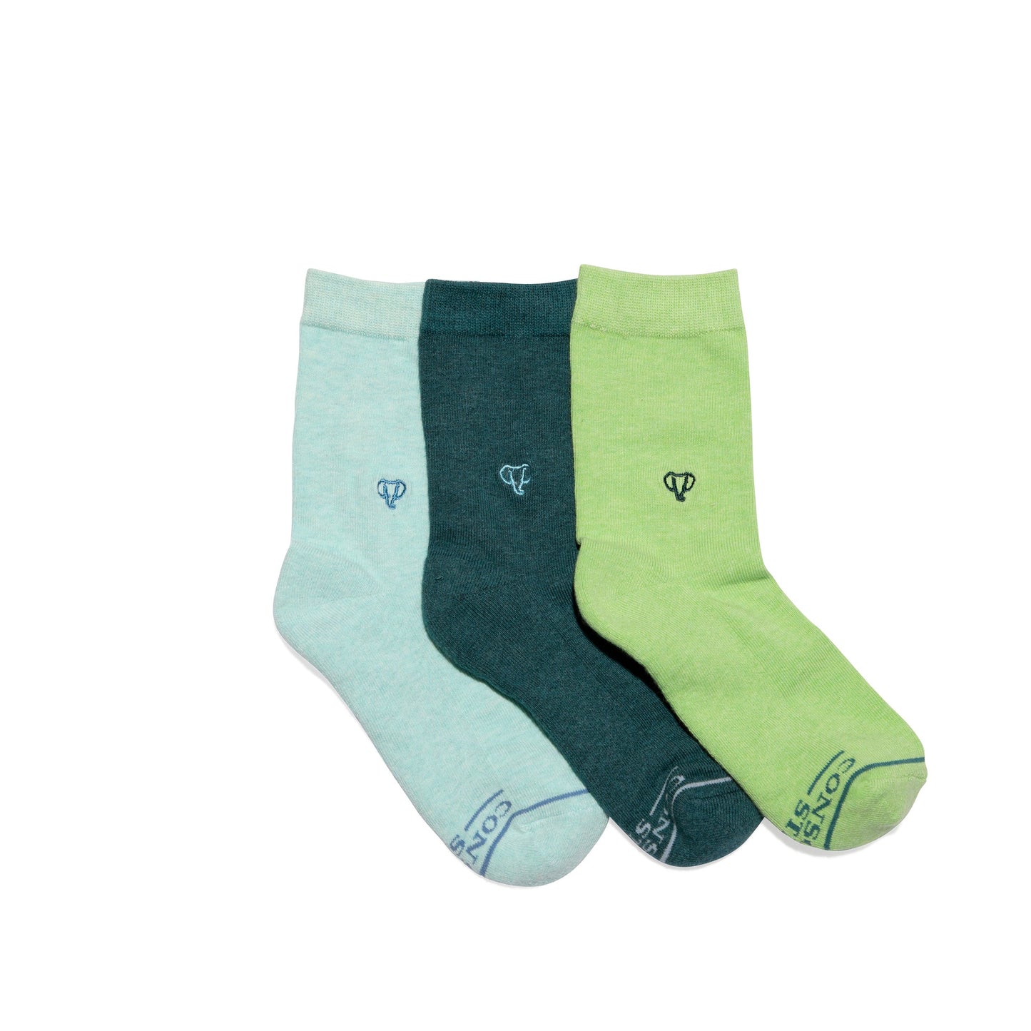 Three socks in light blue, dark green, and light green on a white background