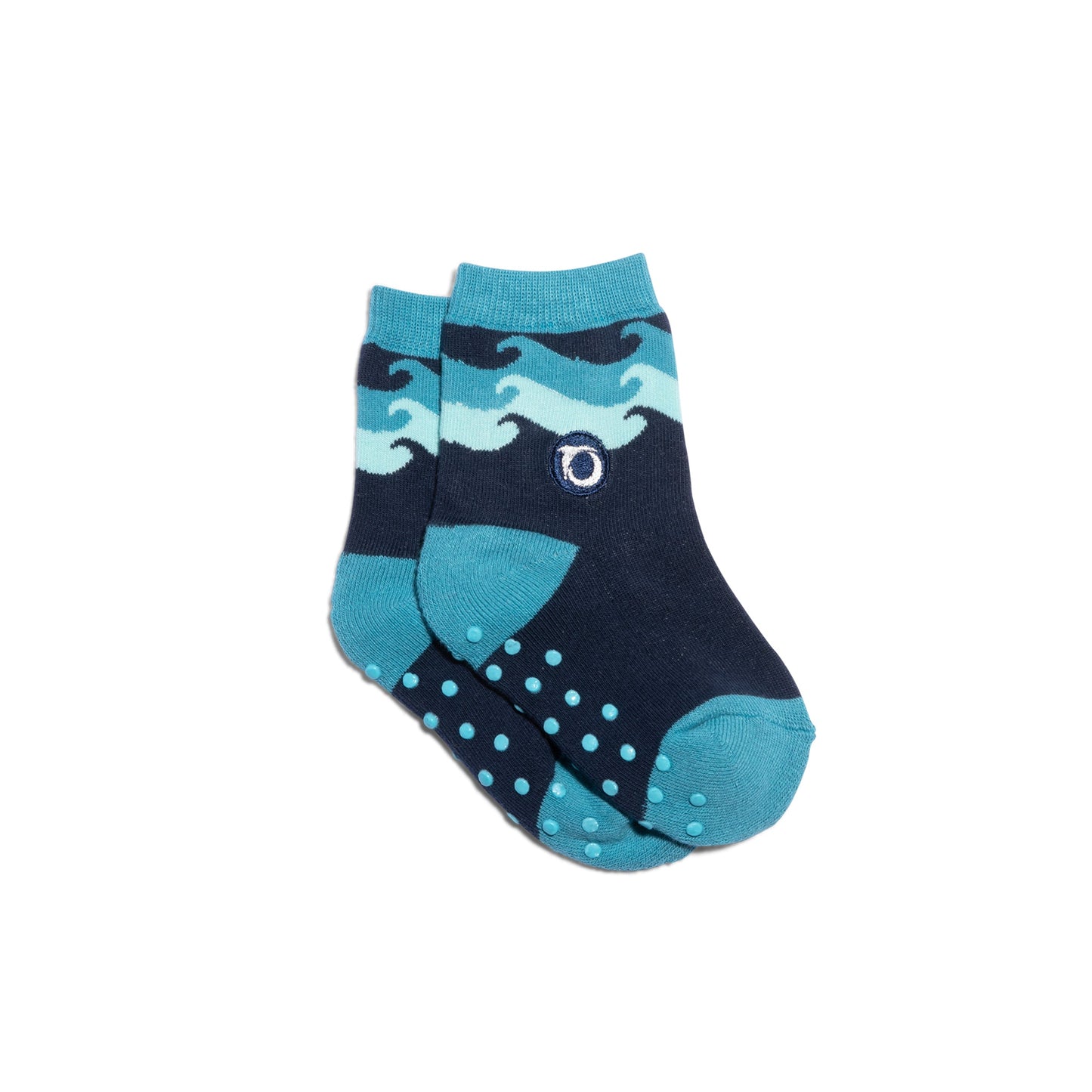 Pair of socks with wave design and blue sole on a white background