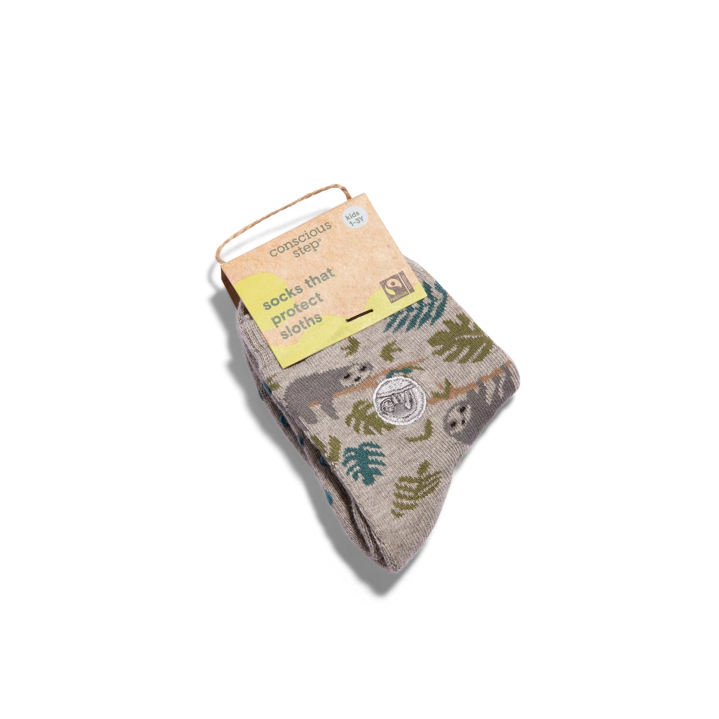 Sock with sloth design and packaging on a white background