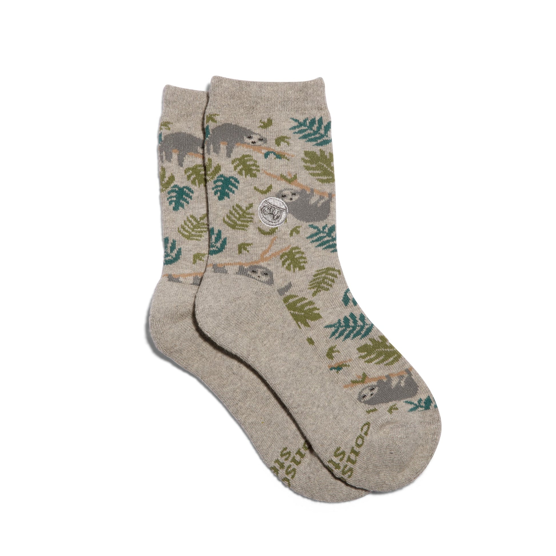 Pair of socks with sloth and leaf pattern on a white background