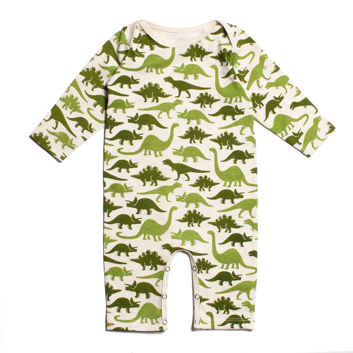 Baby romper with green dinosaur pattern on a white background