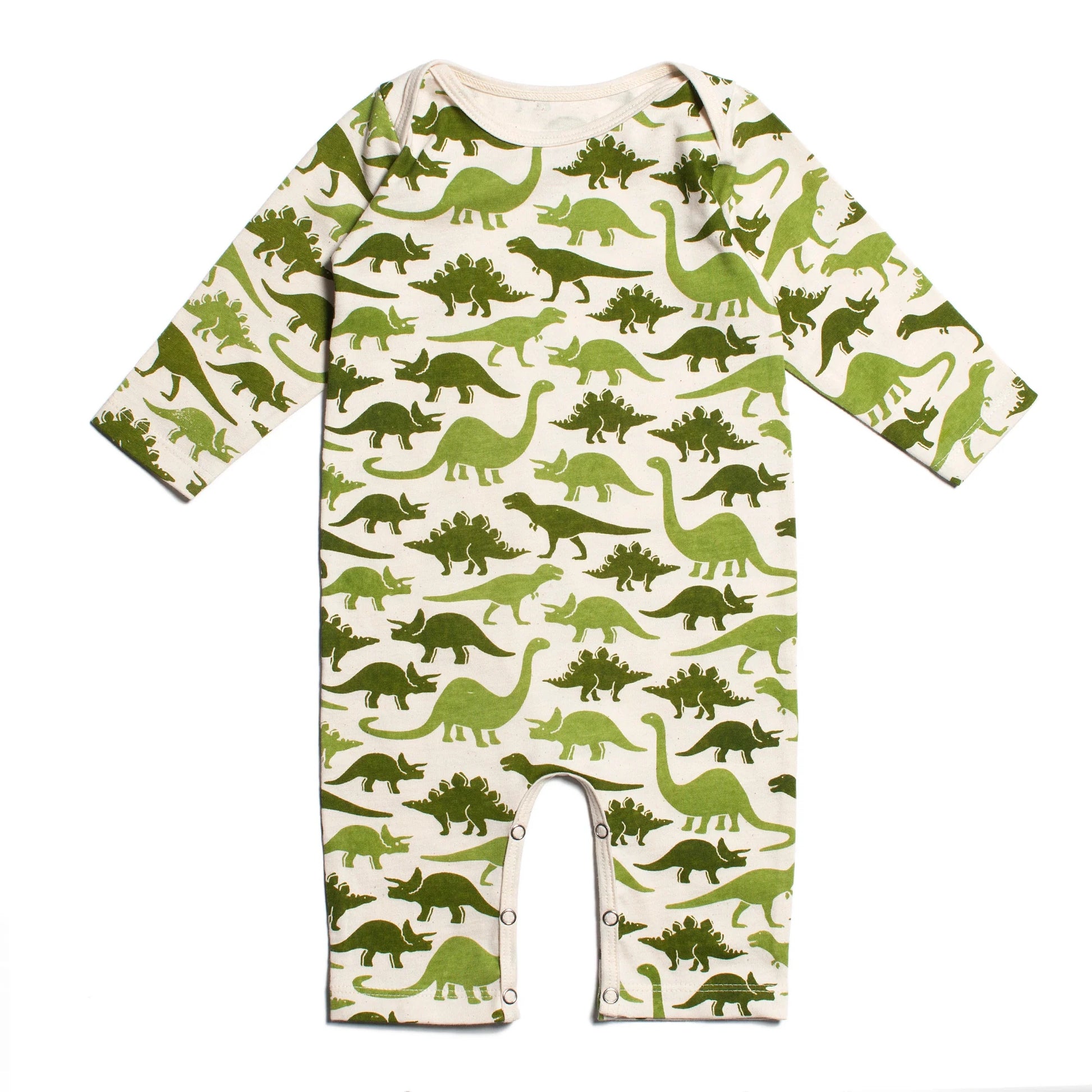 Baby romper with green dinosaur pattern on a white background