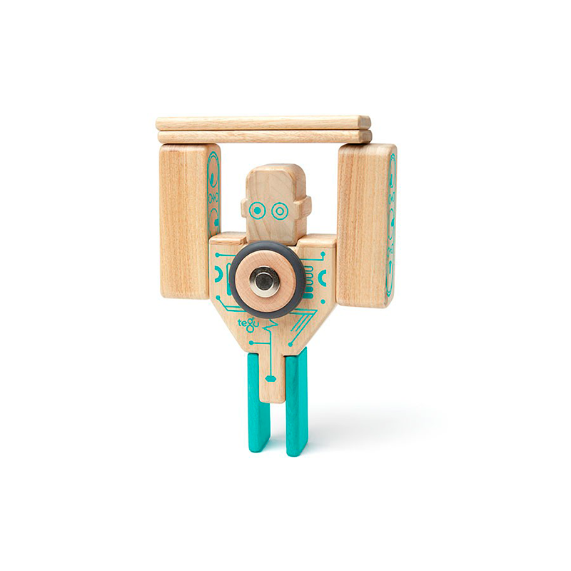 Wooden toy camera with teal accents on a white background