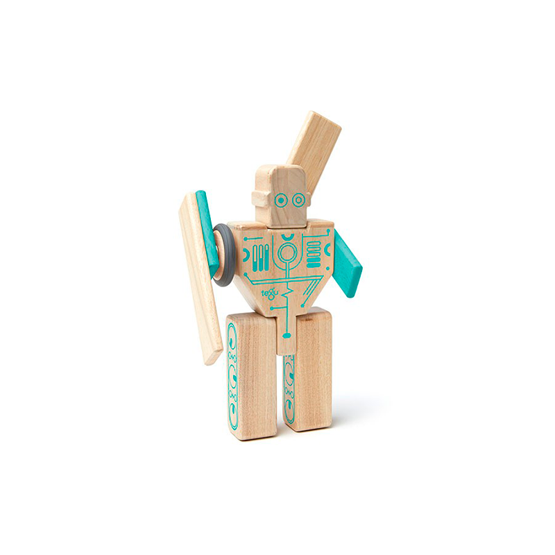 Wooden robot toy with teal accents on a white background
