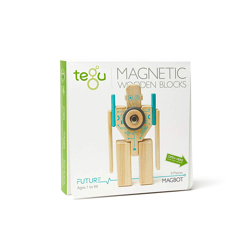 Box of Tegu Magnetic Wooden Blocks with a robot design on a white background