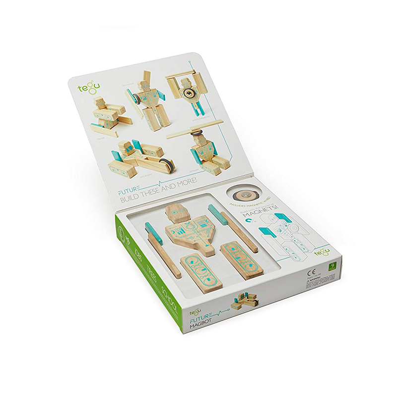 Wooden toy robot set in open packaging on a white background