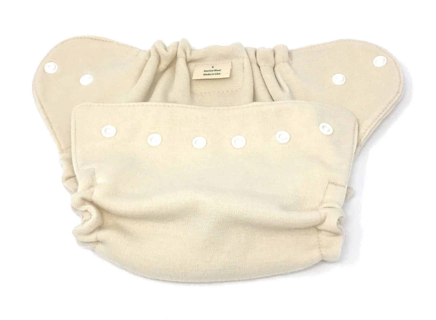 Beige cloth diaper with button closure on a white background