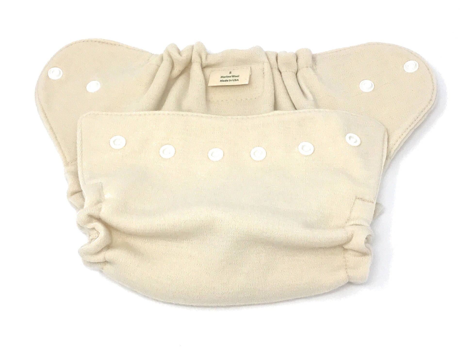 Beige cloth diaper with button closure on a white background