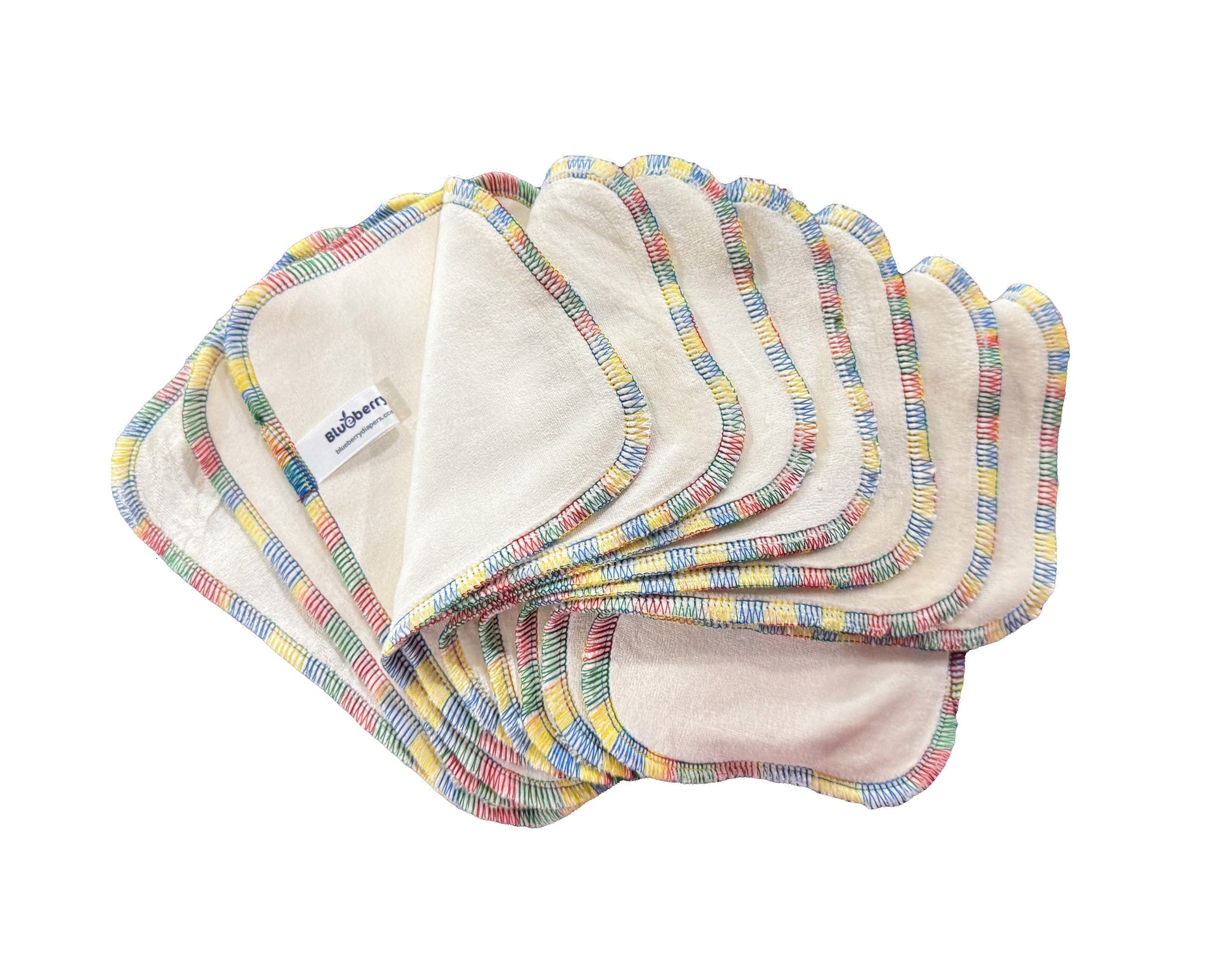 Set of colorful baby wipes with a brand label on a white background