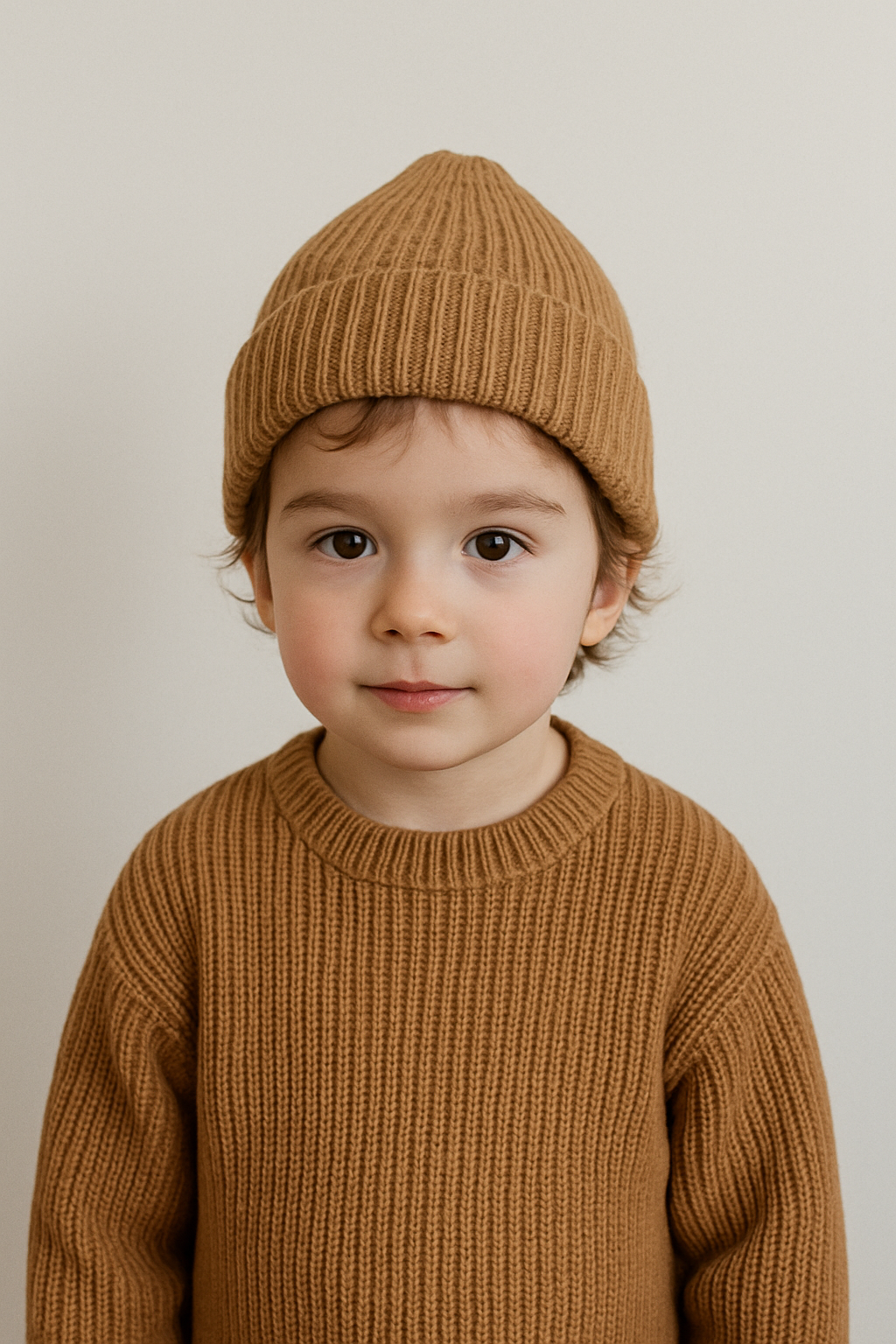 Child wearing a brown knit sweater and beanie against a plain background