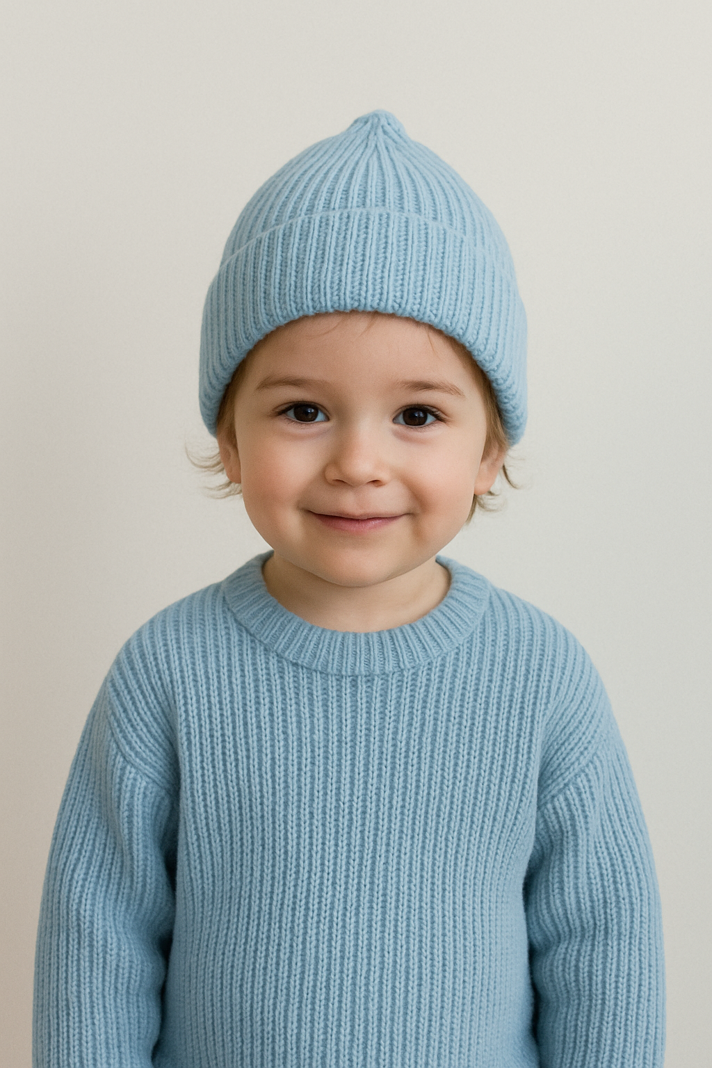 Child wearing a light blue knit sweater and matching beanie against a plain background