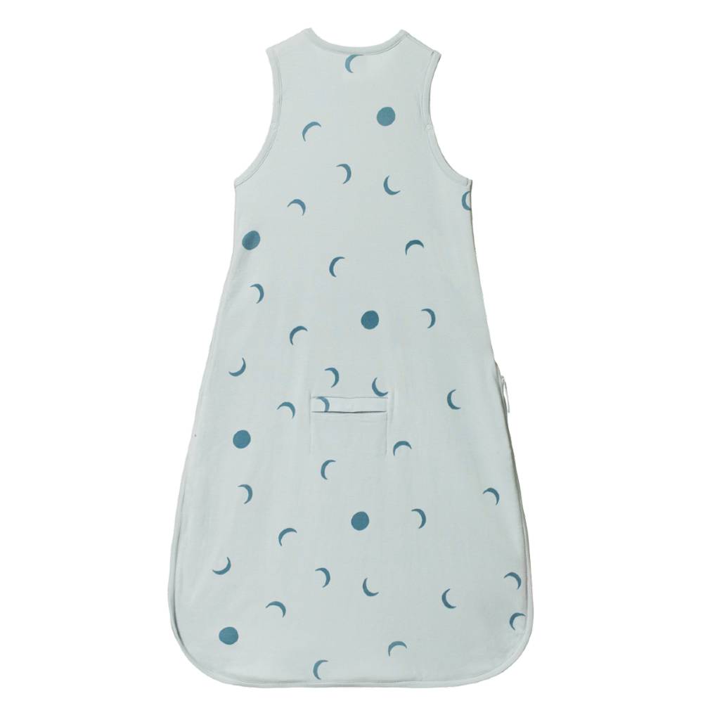 Baby sleeping bag with moon pattern on a white background