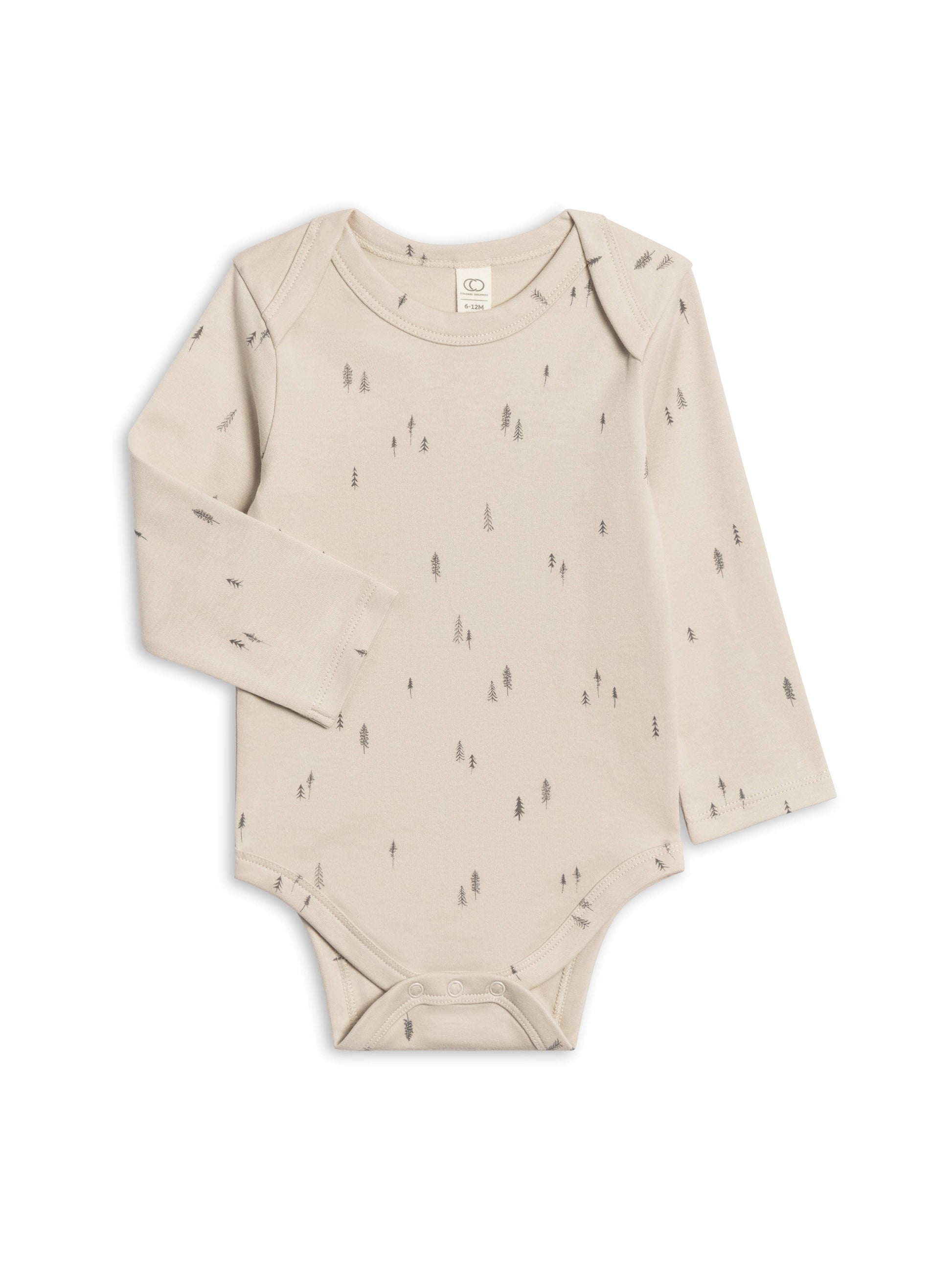 Beige baby bodysuit with subtle pattern on a white background