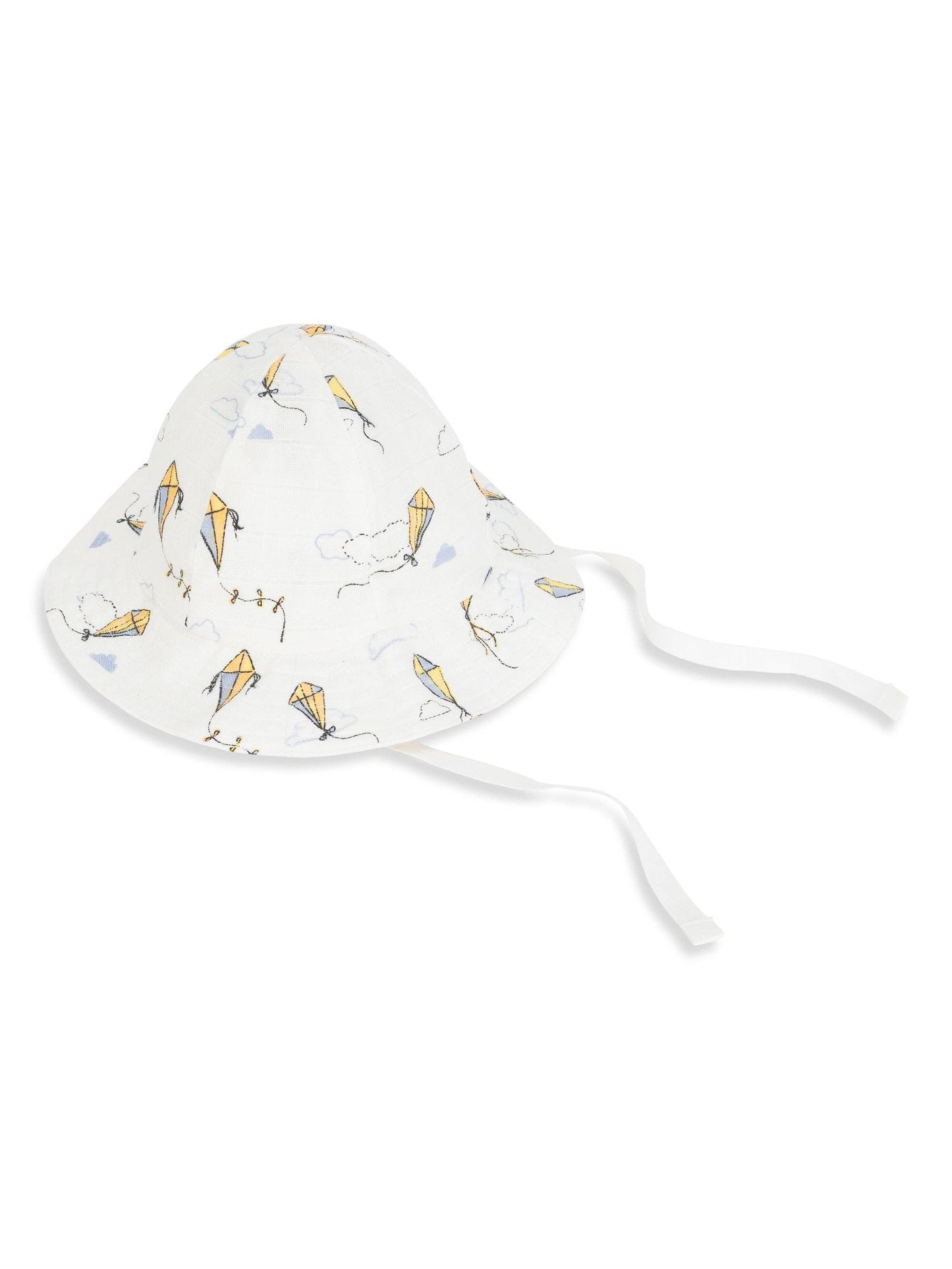 Organic Muslin Kite Print  baby Sunhat . A sunhat  with classic 6 panels meeting at the top a brim and ties. The hat is white with yellow and blue kites printed all over. The hat is set on a while background