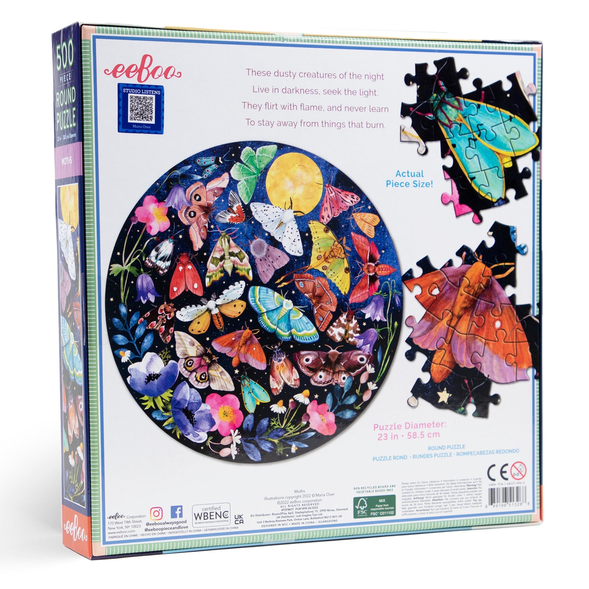 back of box for Moths 500-piece Round Puzzle