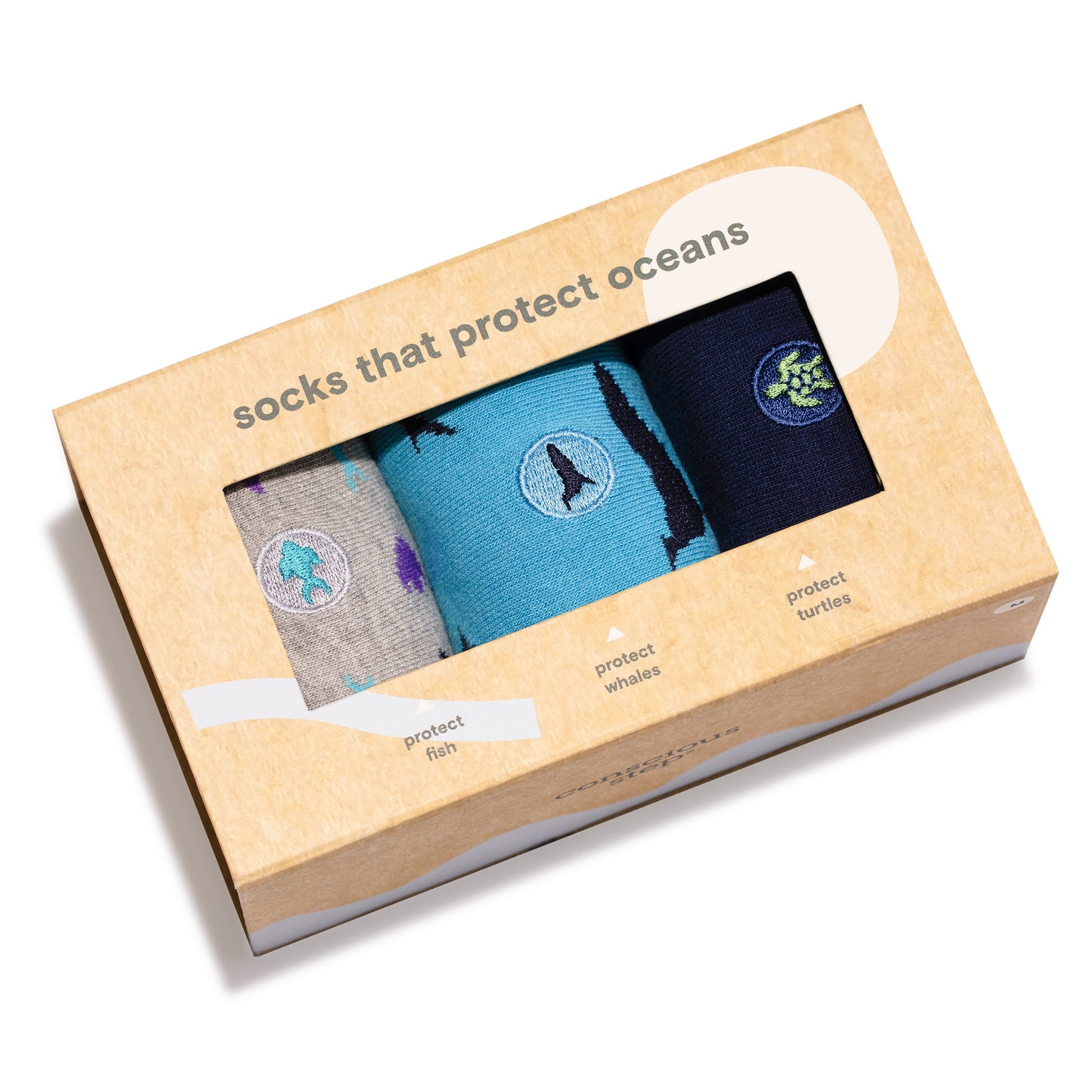 Set of socks in a box with ocean conservation theme on a white background