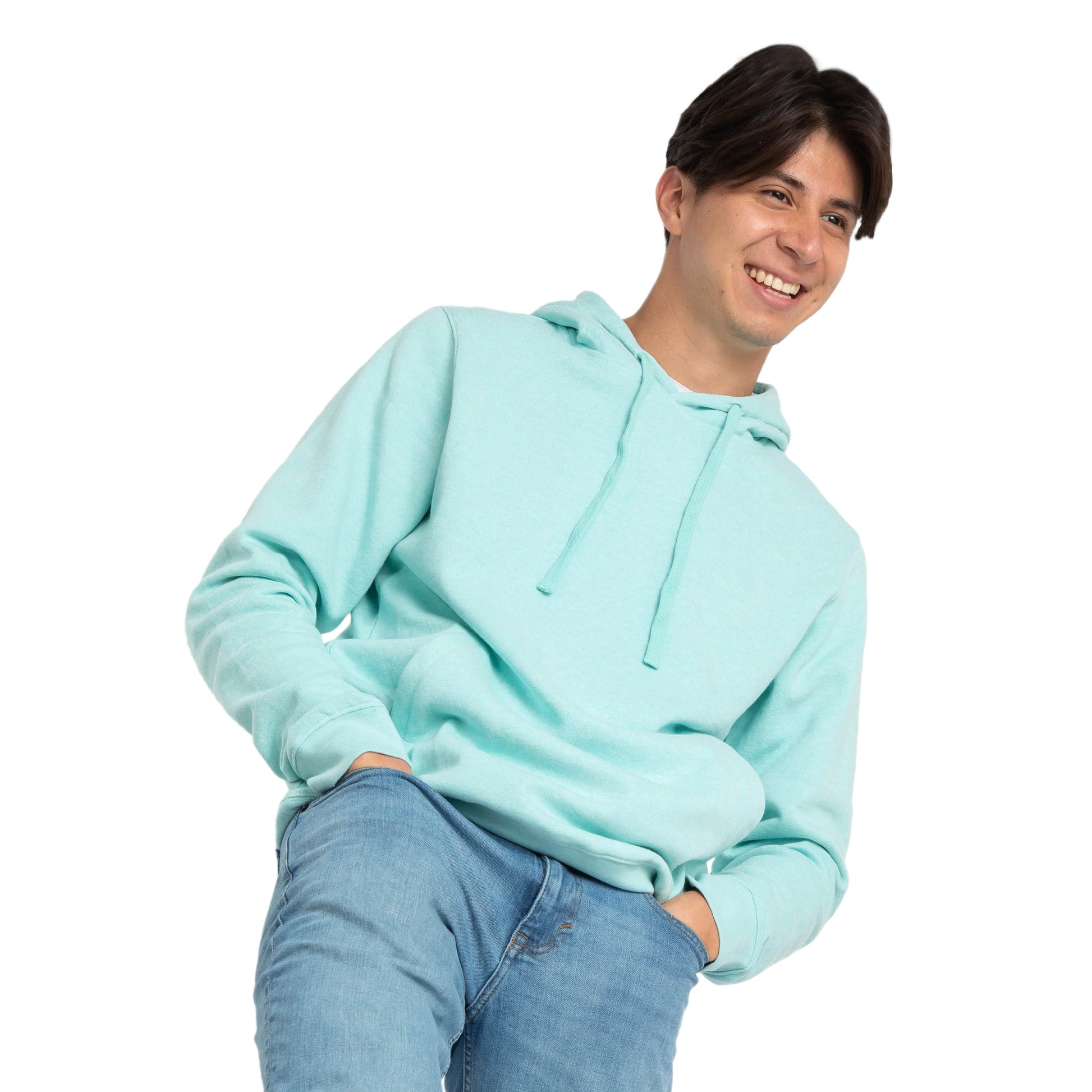 Person wearing a light blue hoodie and jeans on a white background
