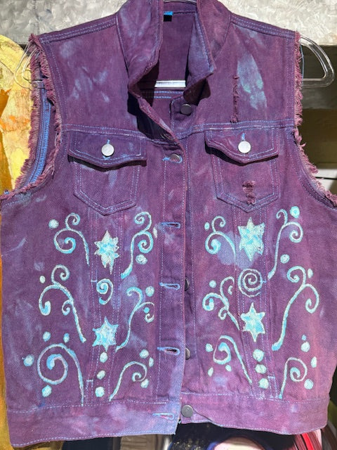 Blue Baroque Jean Vest - hand dyed purple vest with Batik