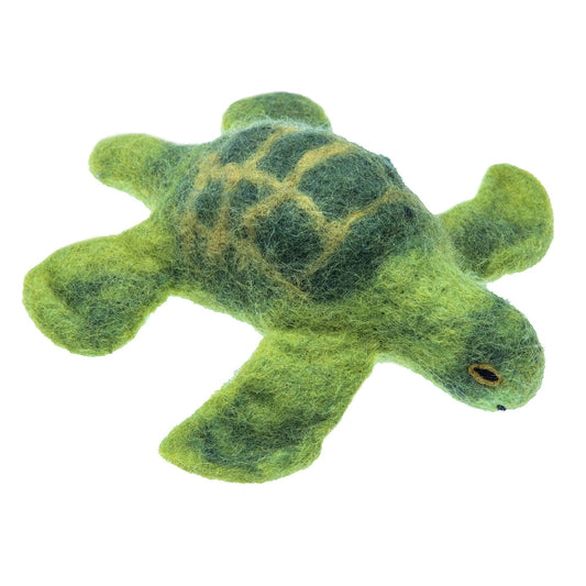 Green turtle plush toy on a white background