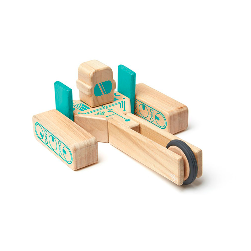 Wooden toy with turquoise accents on a white background