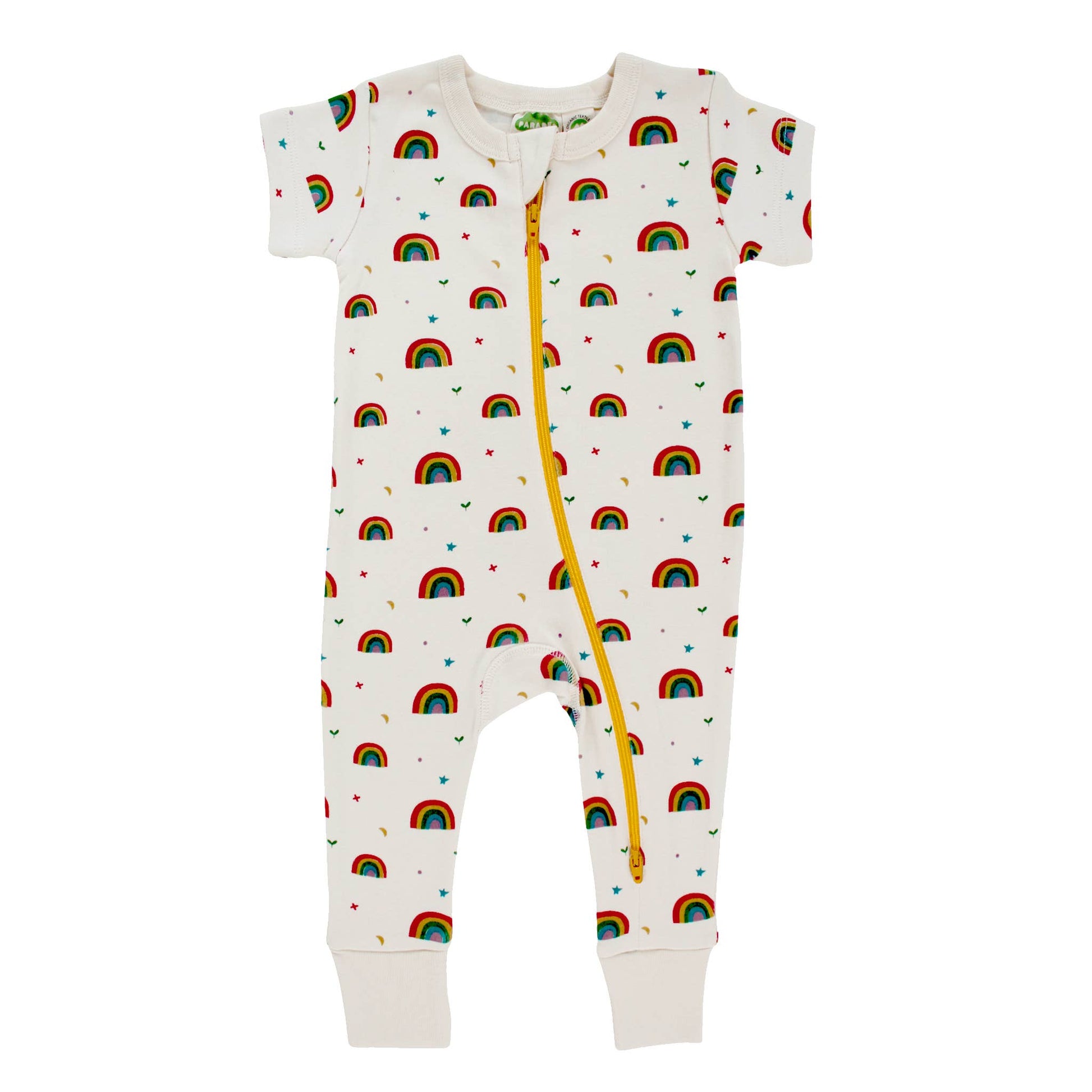 Parade organics Short Sleeve Rainbow Romper w/ 2-way Zipper. This white romper has an rainbow allover print and a bright yellow zipper flat layed on a while back ground