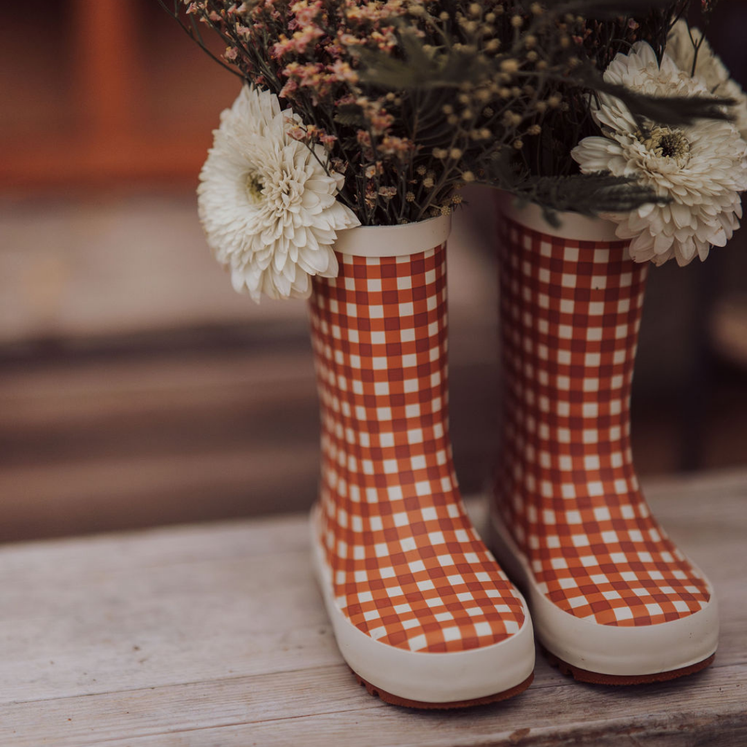 Red and white checkered boots with a vase of flowers on a wooden surface