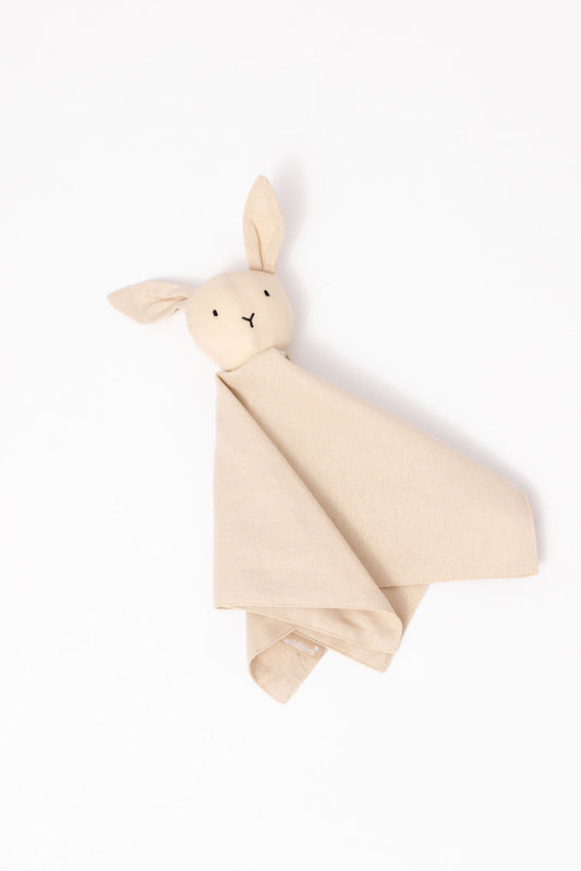 Beige baby comfort blanket with bunny ears on a white background
