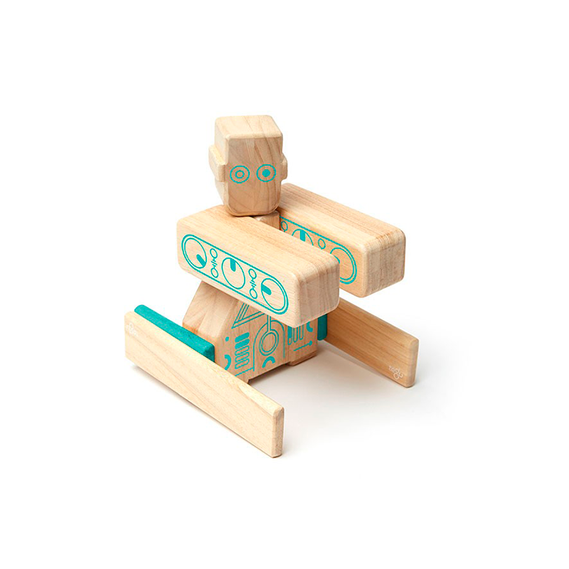 Wooden robot toy with teal accents on a white background