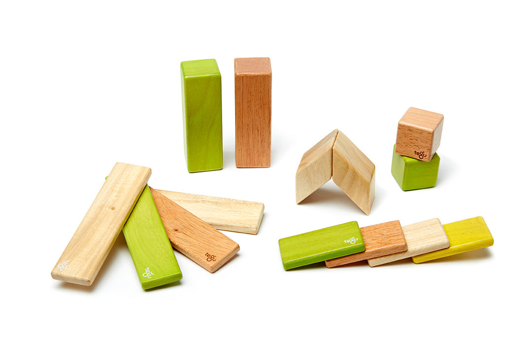 Colorful wooden building blocks on a white background