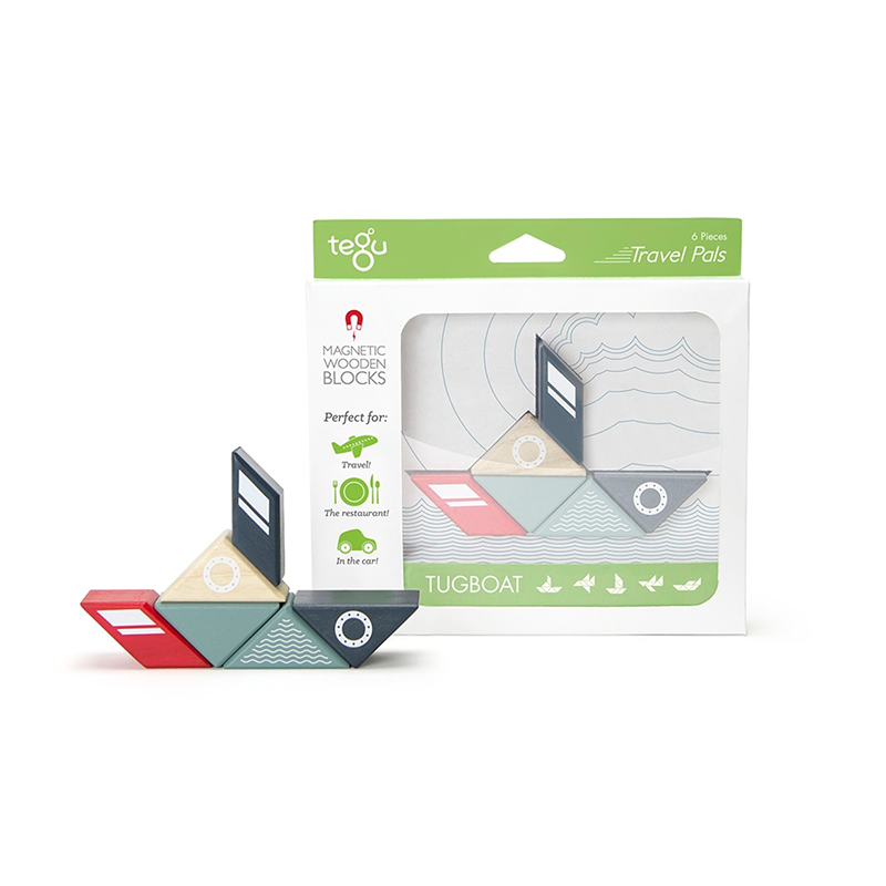 Packaging of Tegu magnetic wooden blocks with geometric shapes on a white background