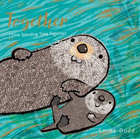Illustration of two otters on a blue background with the word 'Together' at the top.