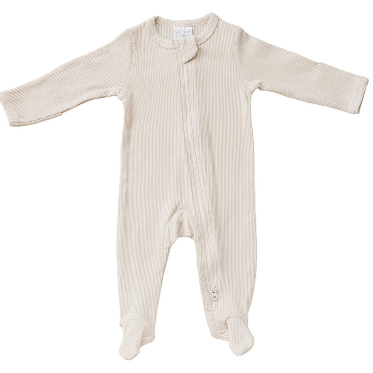 Beige baby onesie with a zipper on a white background