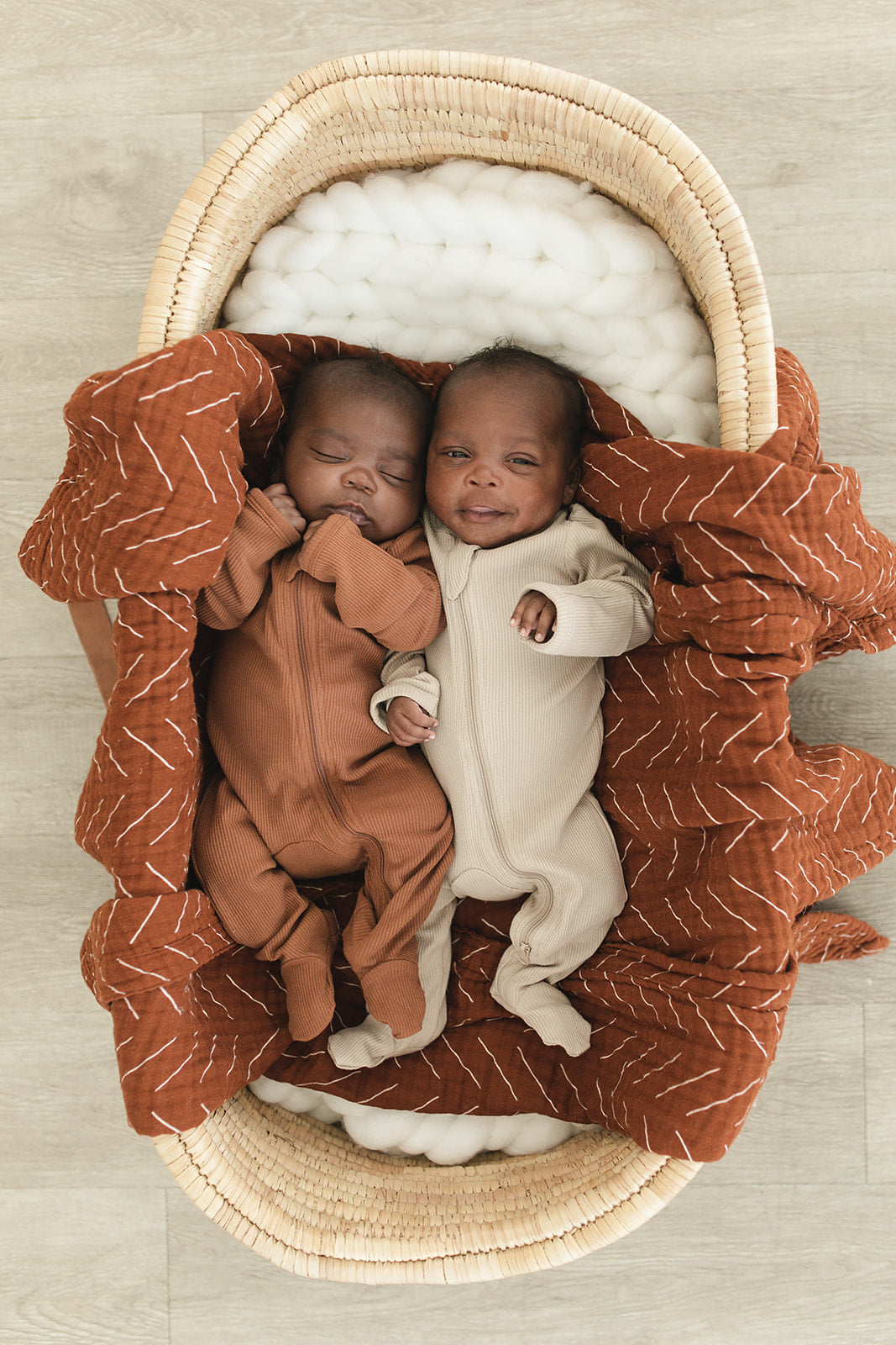Two babies in a woven basket with a brown textured blanket