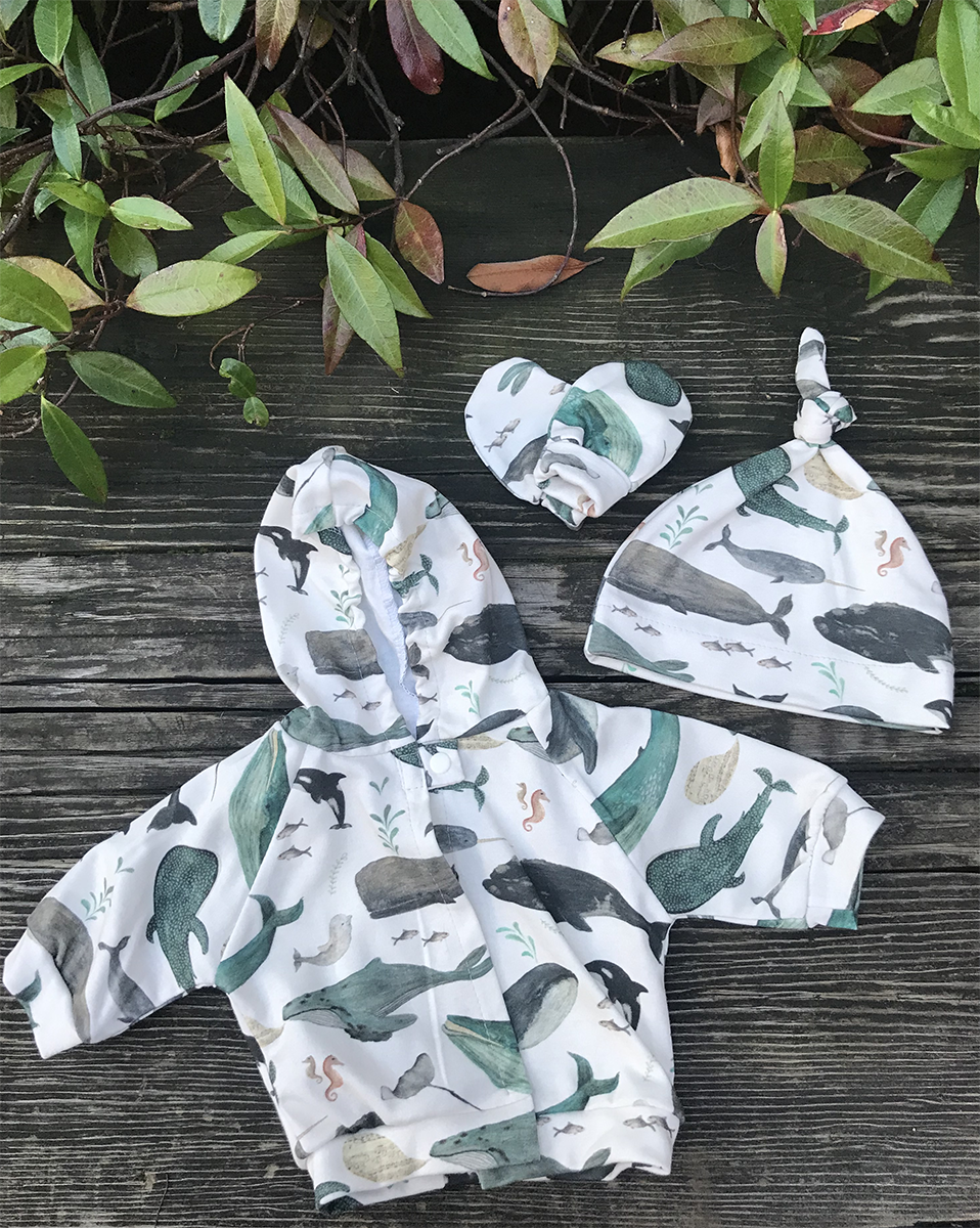 Watercolor Whales Baby Hoodie, hat and mitts