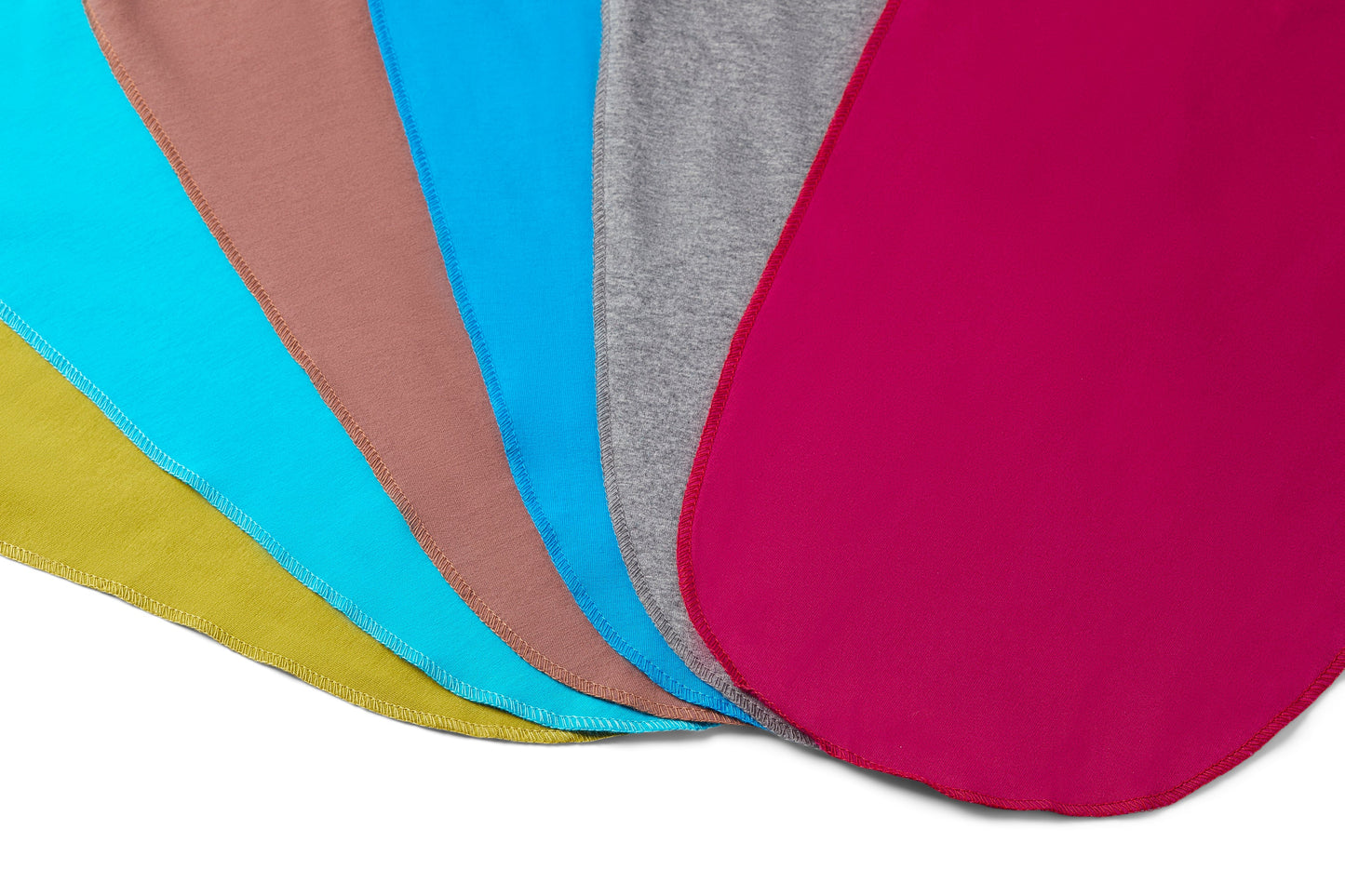 Set of colorful fabric swatches arranged in a circular pattern on a white background.