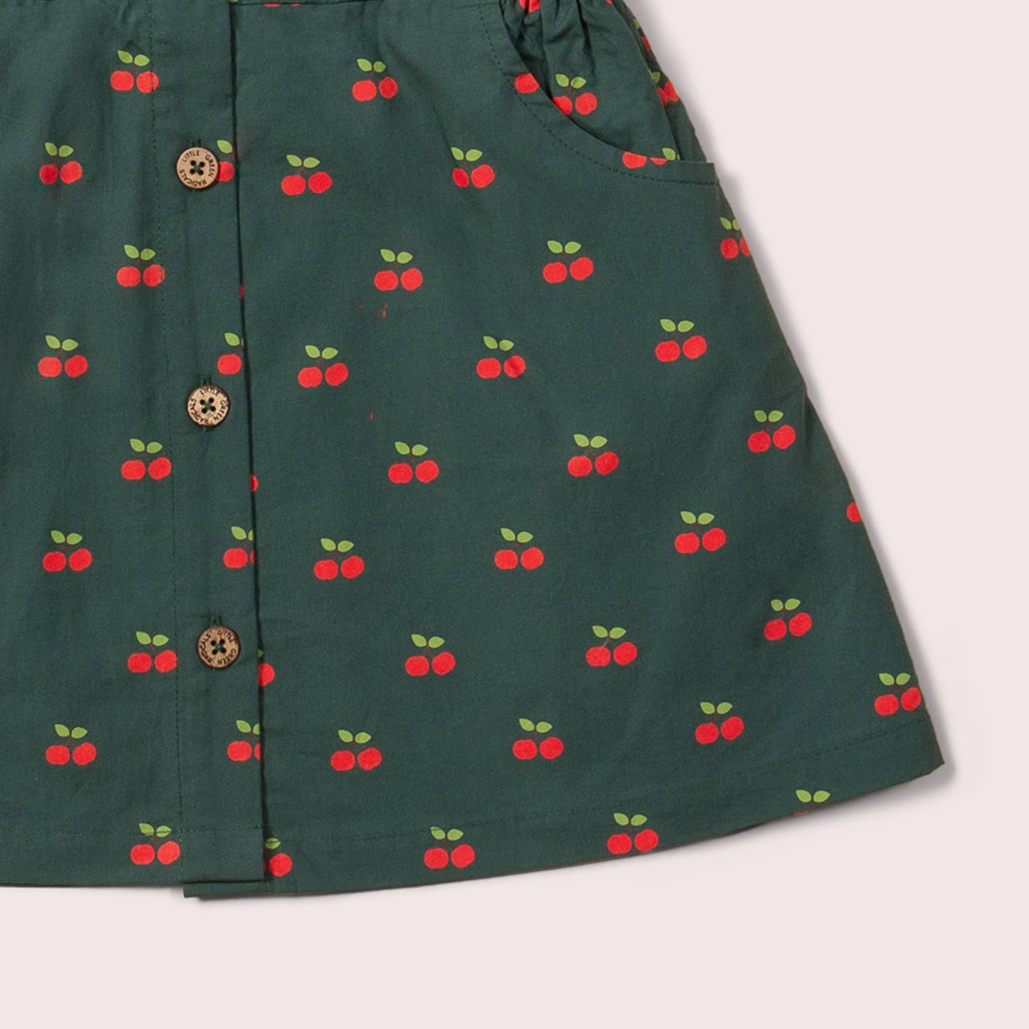 Cherries Buttons Short Sleeve Dress in Olive pocket and buttons detail