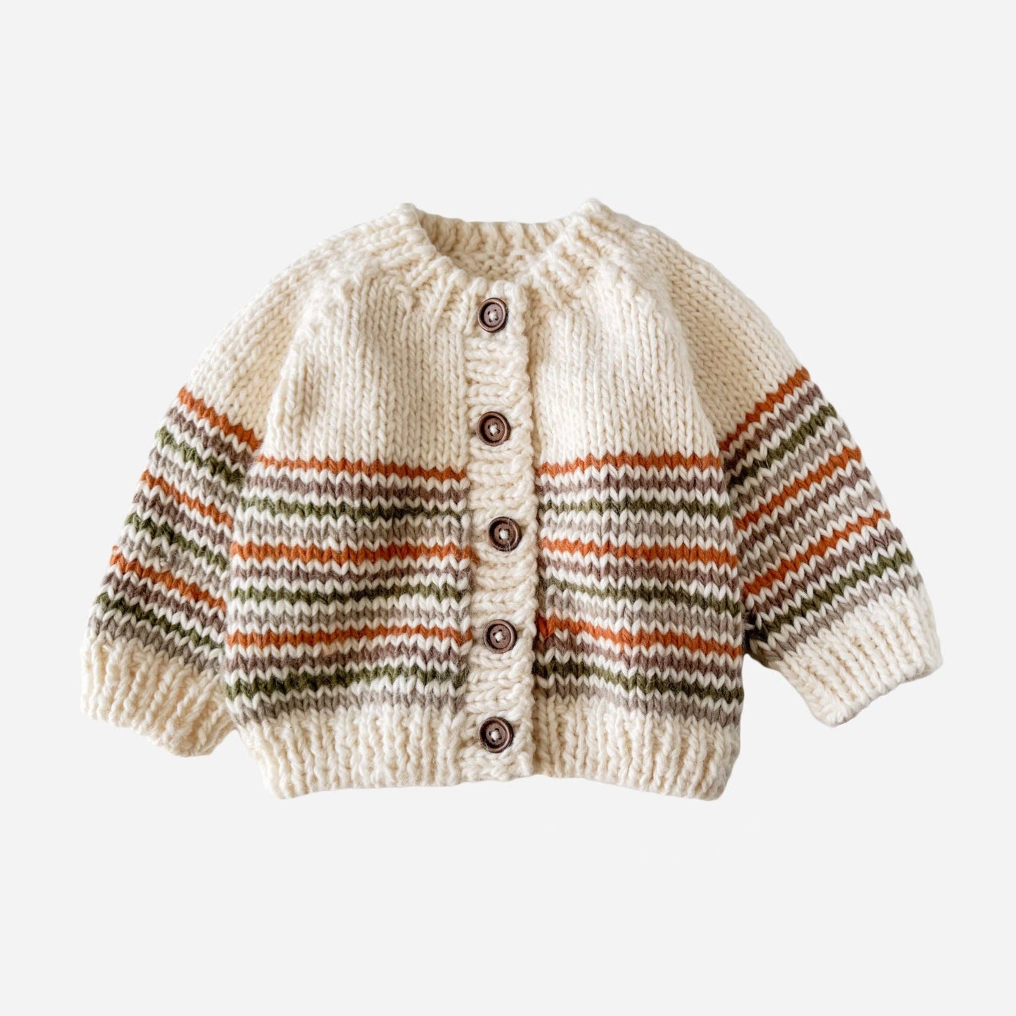 Knitted cardigan with striped sleeves on a white background
