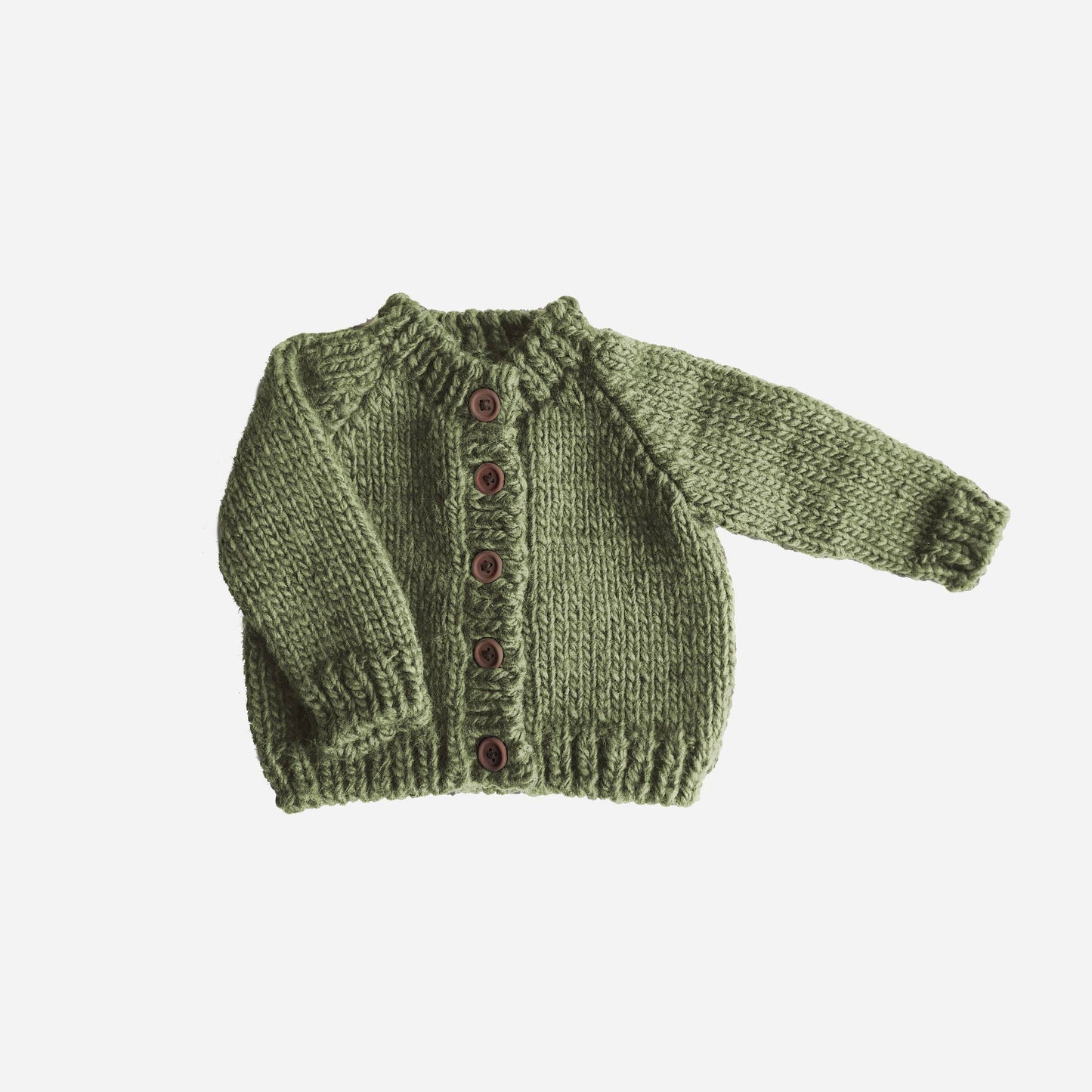 Green knitted cardigan with buttons on a white background