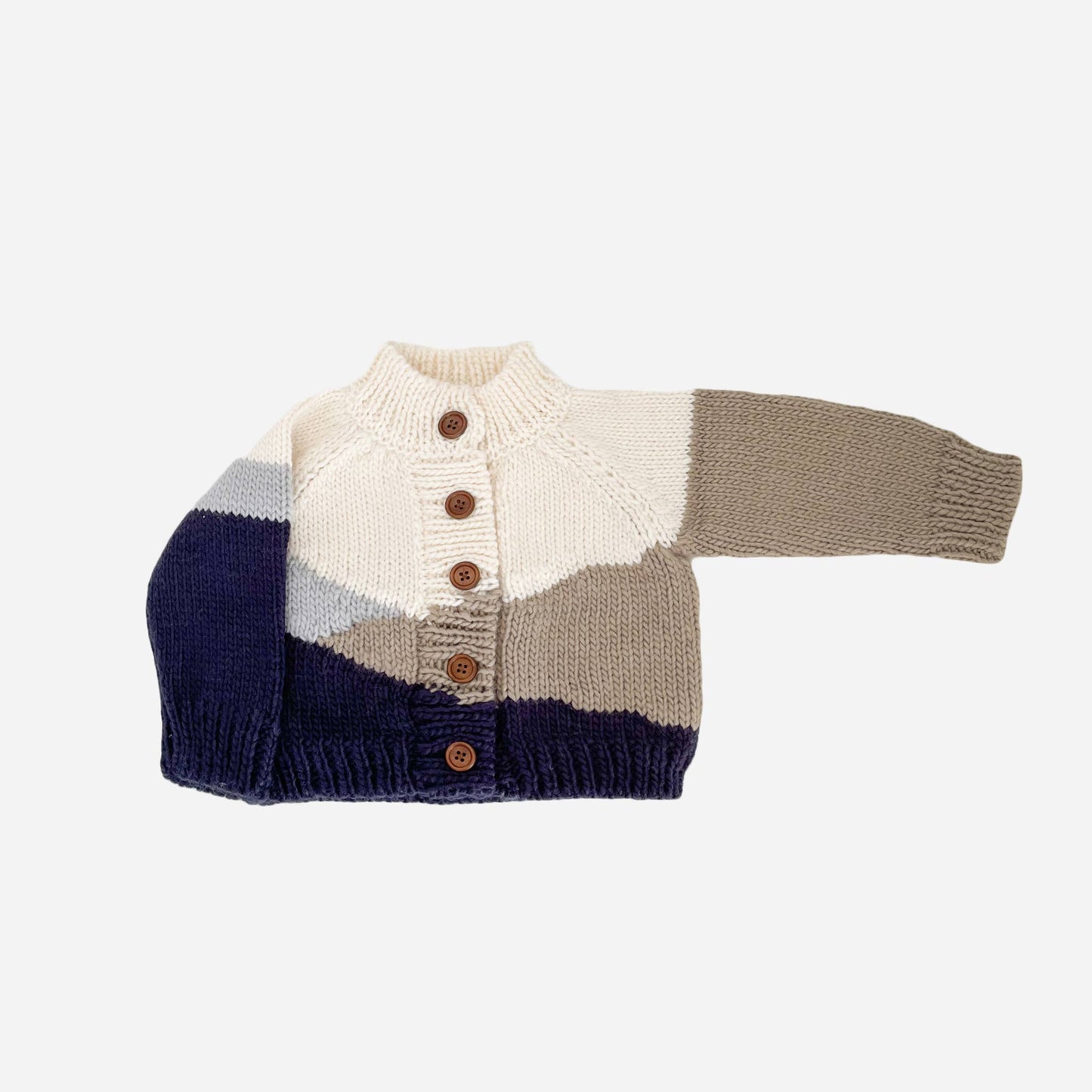 Color-blocked knitted cardigan with buttons on a white background