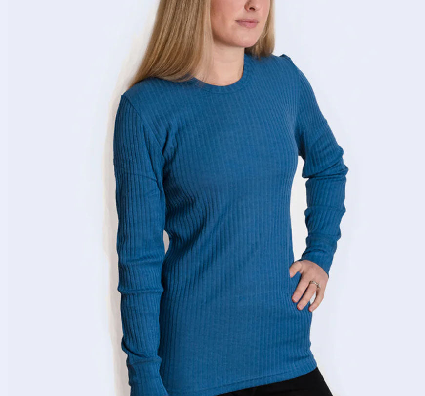 Women in a Blue long sleeve wool silk shirt