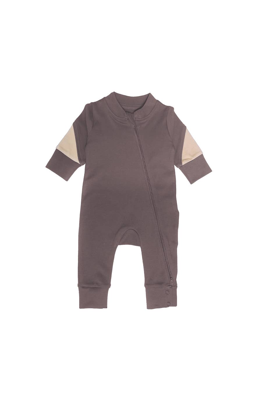 organic zip brown romper flat lay