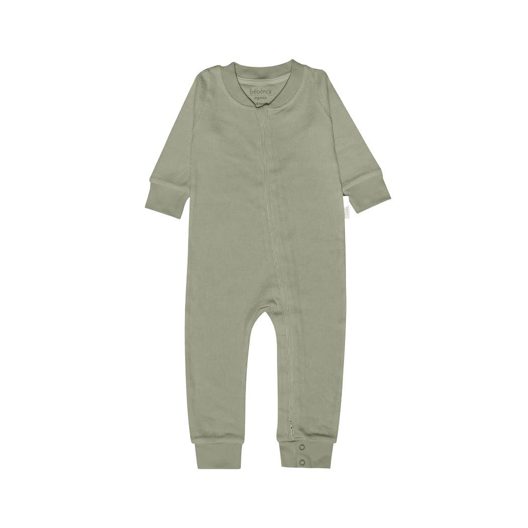 olive organic waffle romper flat lay