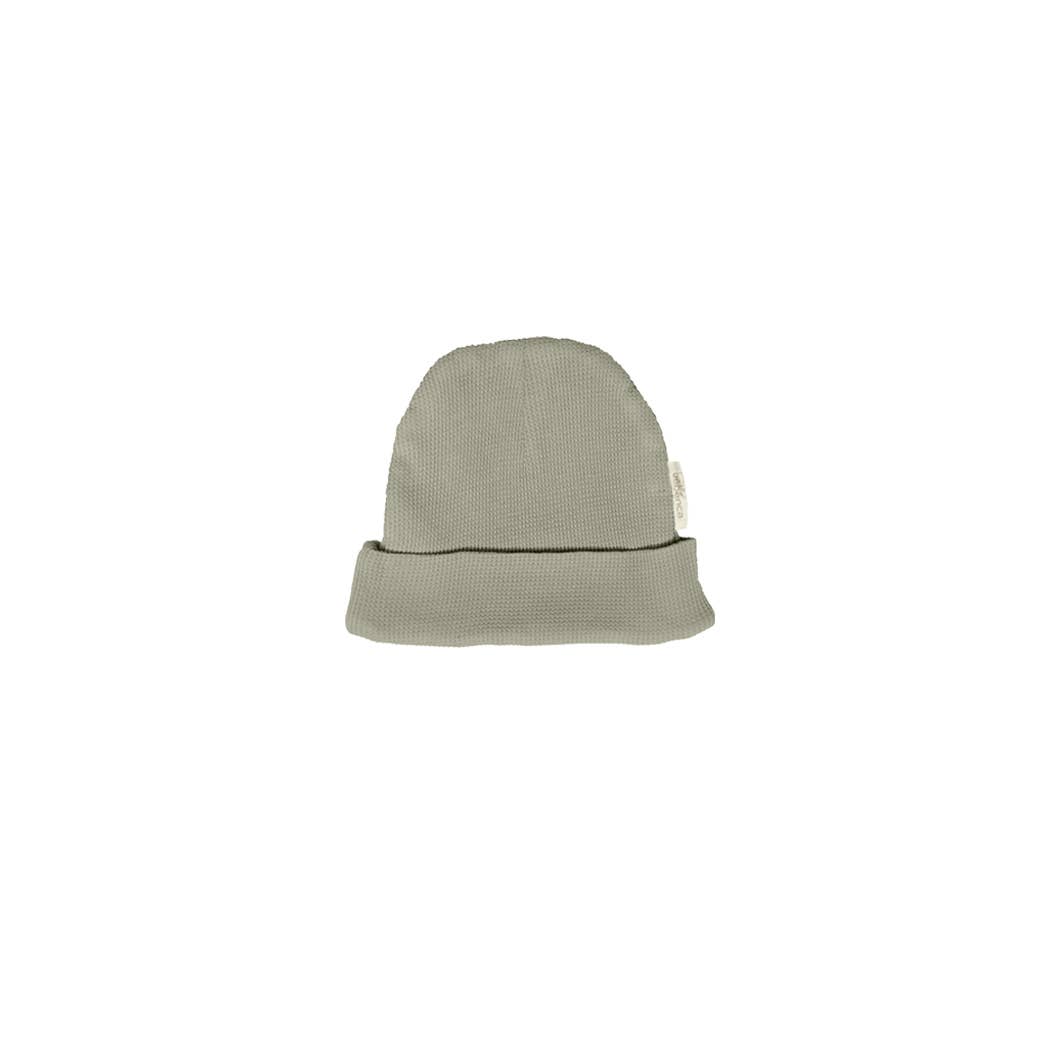 Organic olive waffle beanie flat lay