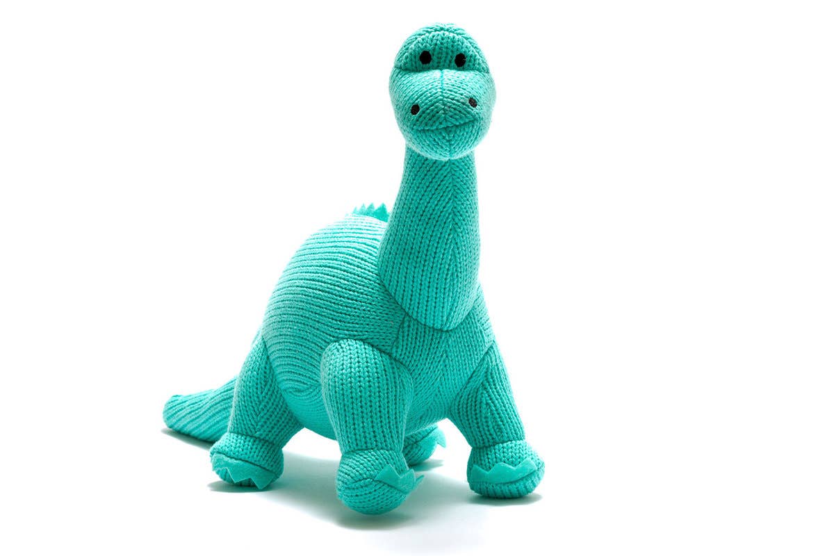 ice blue knitted diplodocus stuffed toy